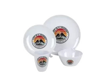 "LIFE IS A JOURNEY" melamine tableware for 4 people.