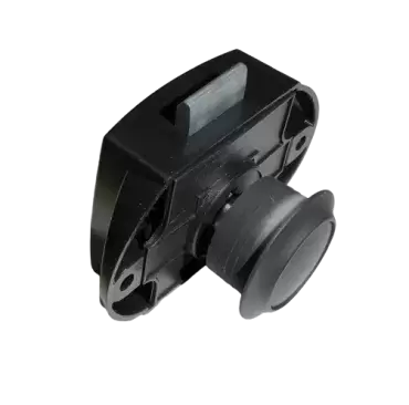 Black push-button closure with rosette for drawers and cabinets in caravans, motorhomes and campers.