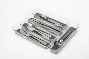 Transparent and non-slip tray for cutlery in caravans, motorhomes and campers.