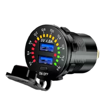 Double USB socket with battery controller for motorhome, caravan and camper.