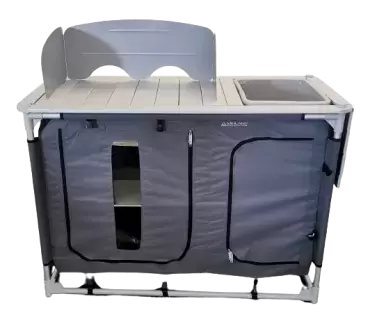 Kitchen table with built-in sink and windbreak screen multiple applications