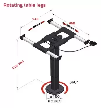 Black telescopic table base sliding in 4 directions and 360º rotating with square foot for caravans, motorhomes and campers.