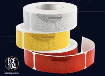 Oralite VC 104 long discontinuous red V 23 reflective tape per meter approved for trucks and large vehicles.