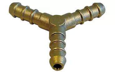 Metal Y-shaped connector for water and gas installations in caravans, motorhomes and campers.