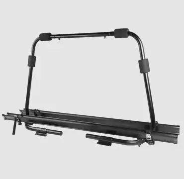 Black bicycle rack for tilting 2-bike caravan trailer.