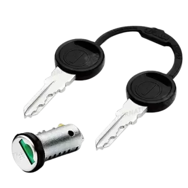 A Zadi lock cylinder plus keys, green model.