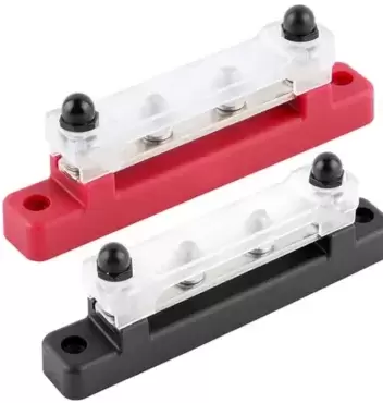 RED Busbar 150AH POSITIVE 4-connection bar plus cover for installations in motorhomes and campers.