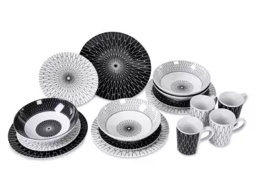 Premium black and white melamine tableware for 4 people, 16 pcs, camping caravaning.