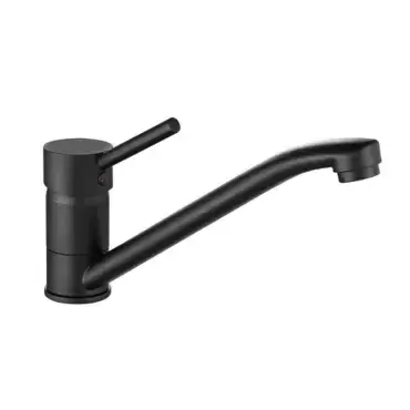 Long spout black hot/cold water mixer tap made of steel for caravans, motorhomes and campers.