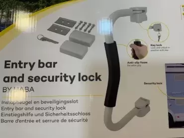 Entry bar handle with safety lock for caravans and motorhomes.