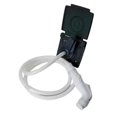 External shower outlet with black cover and single-lever water temperature control, all accessories included.