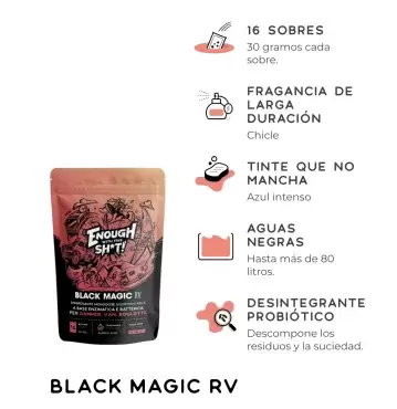 Black Magic RV, ecological black water treatment in sachets, 16 units of 30 grams, for caravans, motorhomes and campervans.