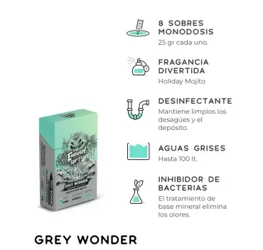 Grey Wonder ecological greywater treatment in sachets, 8 units of 25 grams, for caravans, motorhomes and campervans.