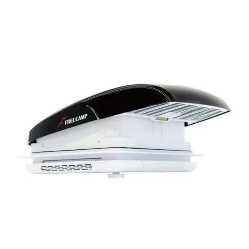 Claraboya con ventilador tipo Maxxfan con tapa externa color negra tintada, caravana, autocaravana y camper.