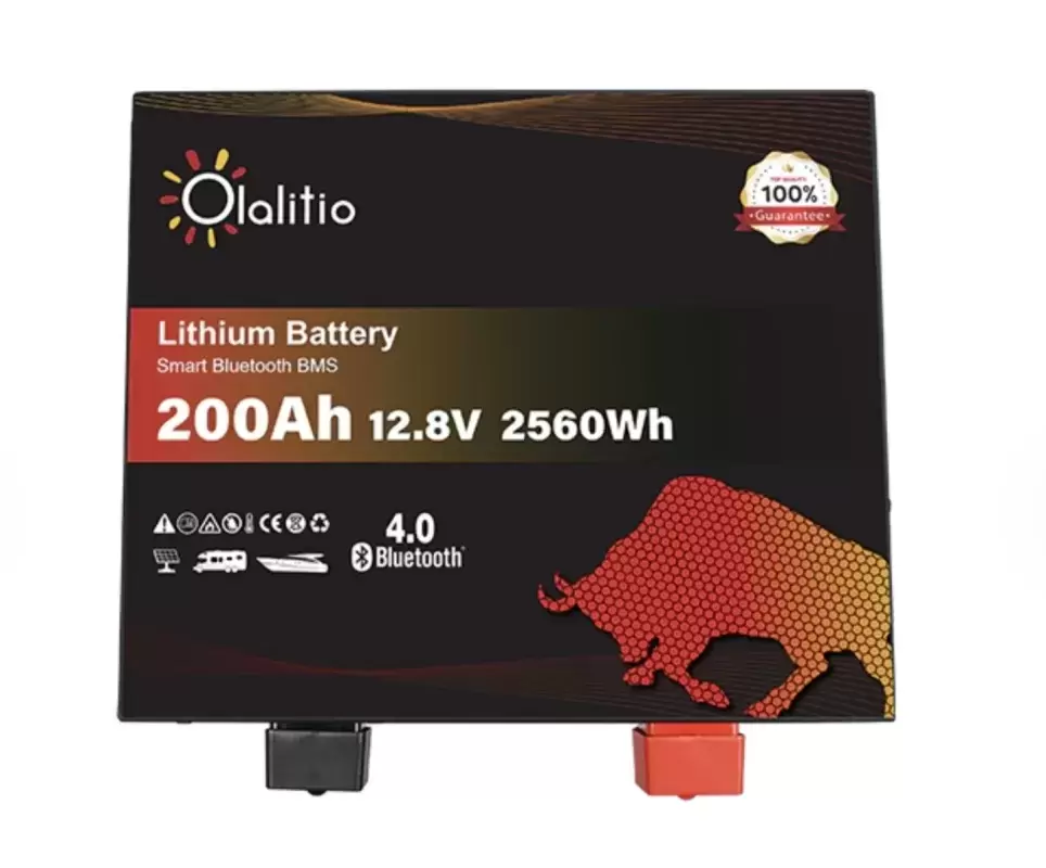 Batería de Litio bajo asiento 200Ah 12.8V LiFePO4 Smart BMS con Bluetooth para Autocaravana y camper. Dimensiones (L x W x H) mm: 357 * 338 * 152mm