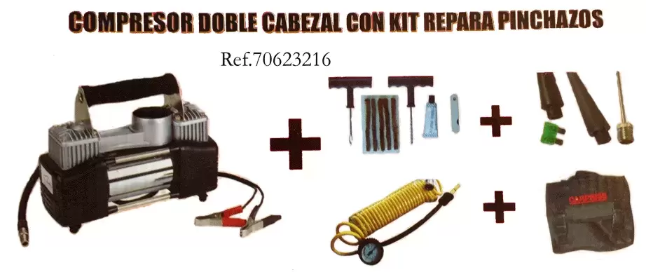Compresor doble cabezal con kit repara pinchazos
