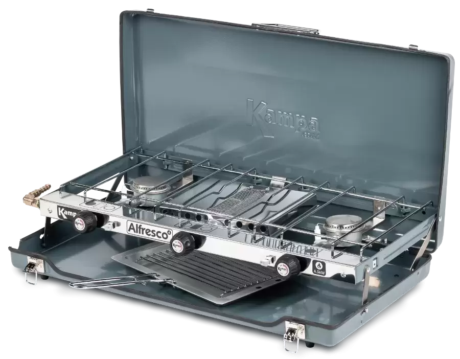 Cocina a gas KAMPA DOMETIC Mod. Alfresco 2 hornillas MAS tostador de pan Mas parrilla camping caravaning.