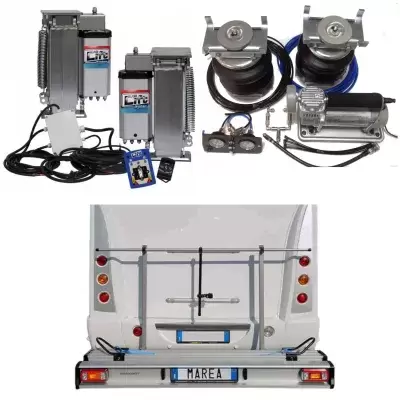Motorcycle carrier, air suspension, motorhome with self-leveling feet