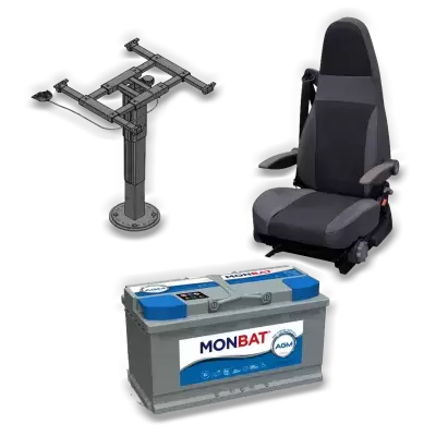 Adjustable seats, tables and feet, motorhome and camper interior electricity